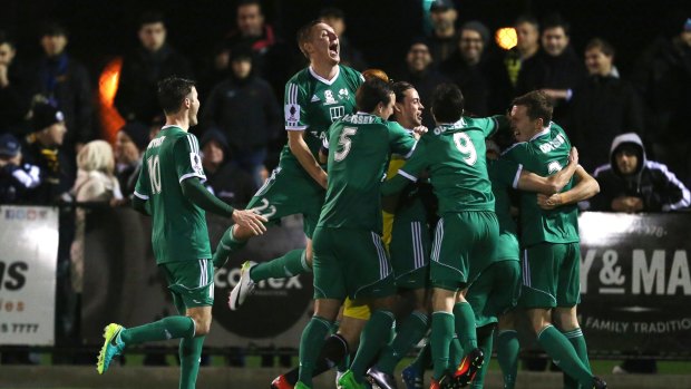 Bentleigh Greens celebrate their round of 32 victory in the FFA Cup.