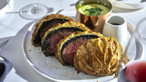 Beef Wellington for two with wasabi, nori and potato puree.