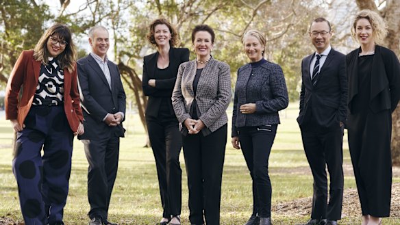 Clover Moore's ticket for Saturday's election. Left to right: Jess Scully, Philip Thalis, Catherine Lezer, Clover Moore, Kerrin Phelps, Robert Kok and Jess Miller at Prince Alfred Park, Surry Hills. 