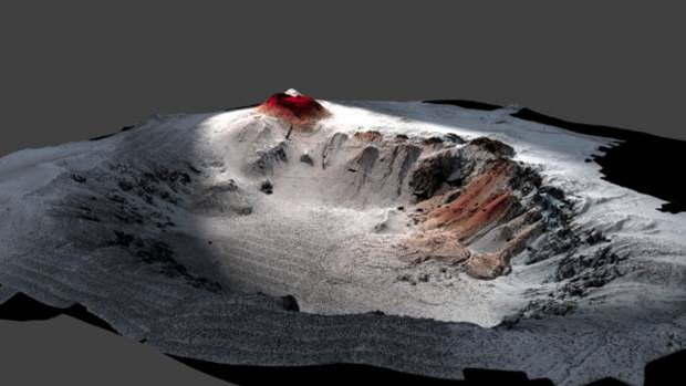 This image shows the high resolution seafloor topography of the Havre caldera with the lava from the 2012 eruption in red. The volcano, near New Zealand, is 1519 metres deep. Its top is 650 metres below sea level.