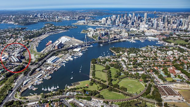 Aerial view of Sydney, with the old White Bay Power Station, proposed for development, circled at left.