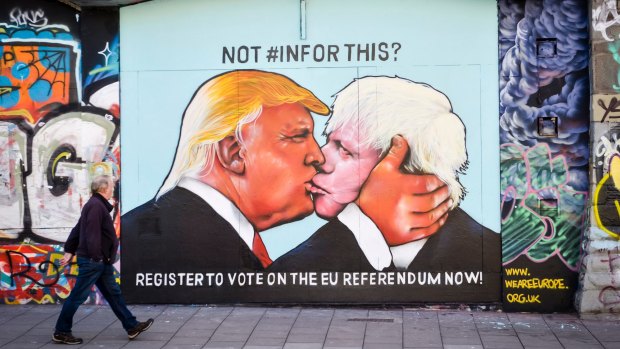 A Donald Trump and Boris Johnson "Brexit" street mural in Bristol, England.