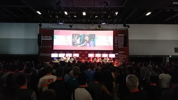 A crowd gathers at RTX Sydney to watch a team of Australian game streamers take on the visiting Americans.