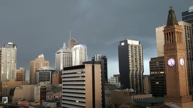 Dark skies surrounded the Brisbane CBD as the super cell closed in.