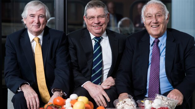Costa Group chairman Neil Chatfield, chief executive Harry Debney CEO, and Geelong fruit and vegetable businessman Frank Costa.