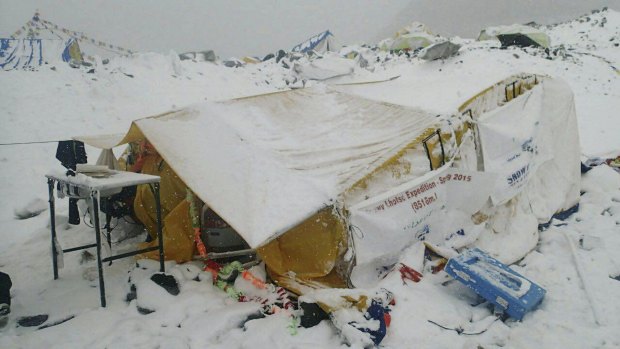 The scene after an avalanche triggered by a massive earthquake swept across Everest Base Camp in Nepal.