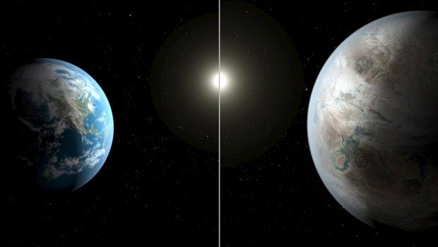 An artistic illustration compares Earth (left) to a planet beyond the solar system that is a close match to Earth, called Kepler-452b. The planet, which is about 60 per cent bigger than Earth, is about 1400 light years away in the constellation Cygnus.
