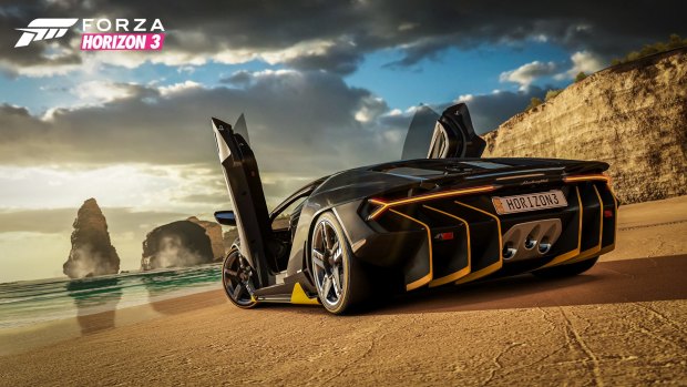 A Lamborghini sits in front of the Twelve Apostles.