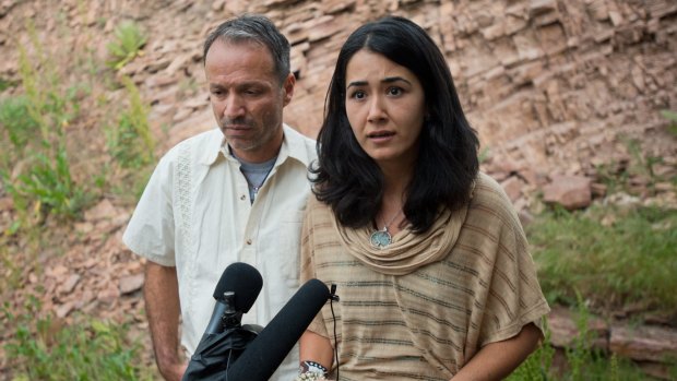 Sitora Yusufiy, the ex-wife of Orlando shooting suspect Omar Mateen, and her fiance Marcio Dias, give a statement to the media at their home outside Boulder, Colorado.