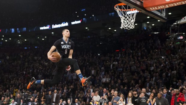 Air time: Minnesota Timberwolves guard Zach LaVine flies to the hoop during the NBA All-Star dunk contest.