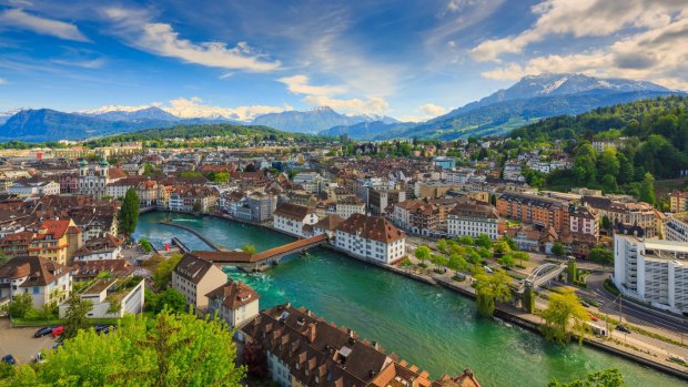 The Reuss River splits the Swiss city of Lucerne in half.