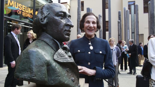 Outgoing NSW governor Dame Marie Bashir unveils the memorial bronze bust of Captain Arthur Phillip in the forecourt of the Museum of Sydney.