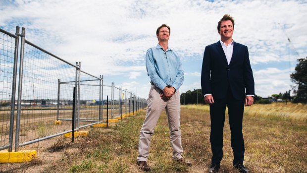 Foy's Bevan Dooley and Stuart Clark at the site of the plastics-to-fuel factory in Hume, now rejected by the ACT government but still in Foy's sights.