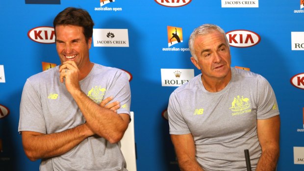 Pat Rafter, left, at a press conference in January where he announced he was stepping down as captain of the Australian Davis Cup team. Wally Masur will captain the team on an interim basis.