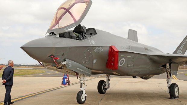 Open for inspection: Prime Minister Malcolm Turnbull gets a closer look at a Joint Strike Fighter F-35 at the Avalon Airshow.