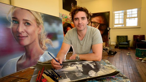 Artist Vincent Fantauzzo with a painting of his wife, Asher Keddie.