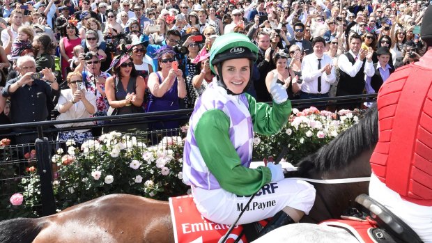 Michelle Payne on Prince of Penzance after winning the 2015 Melbourne Cup.
