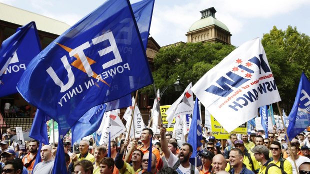 Workers gathered in Sydney to voice their concerns over asset sales and penalty rate cuts.