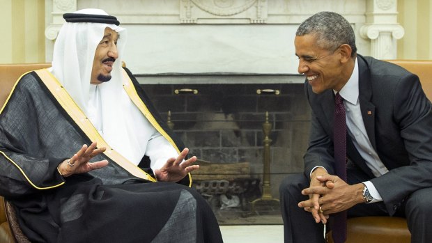 King Salman, left, of Saudi Arabia, whose family practises a conservative strand of Sunni Islam known as Wahhabism, talks with US President Barack Obama in the White House in September 2015. 