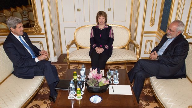 Gaps remain: John Kerry, left, former European Union foreign policy chief Catherine Ashton and Iranian Foreign Minister Mohammad Javad Zarif meet for talks. 