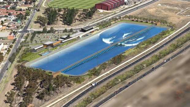 An artist's impression of the surfing lagoon to be built opposite Essendon Football Club at Tullamarine.