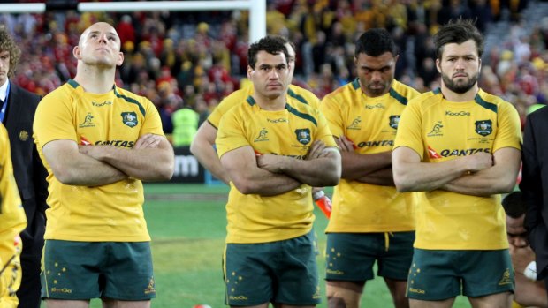 Dejected Wallabies after losing to the British and Irish Lions 41-16 in 2013. Photo: Carlos Furtado