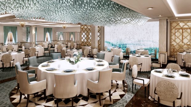 Regent Seven Seas Explorer: Compass Rose restaurant with blue Murano glass chandelier.