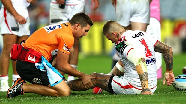 Swear-jar moment: Josh Dugan goes down against the Rabbitohs.