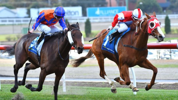 Beau Mertens riding Stylish Miss defeats Jye McNeil riding Mamzelle Tess in Race 4 during Melbourne Racing at Moonee Valley Racecourse on June 17, 2017.