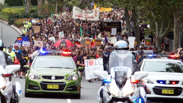 Protestors at the Invasion Day rally in Sydney on Australia Day this year.