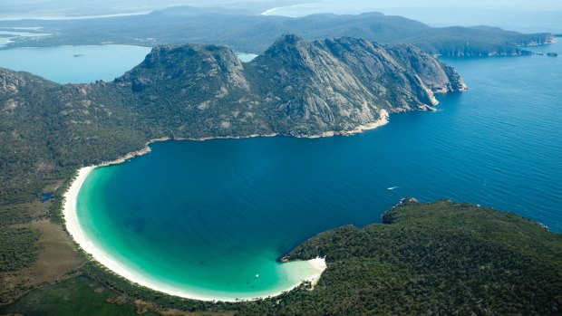 Wineglass Bay and The Hazards: Mt Mayson, Mt Amos and Mt Dove.