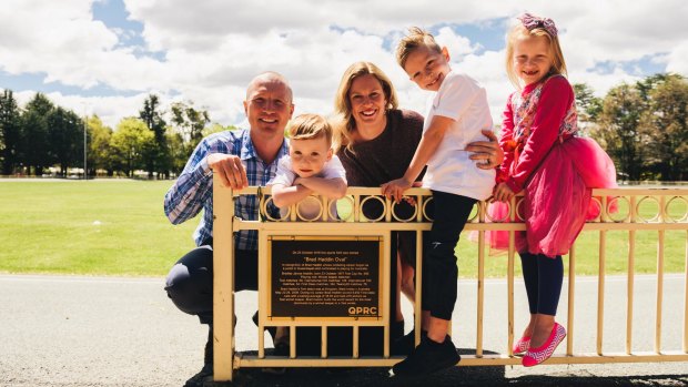 Family affair: Brad Haddin with his wife, Karina, and children, Hugo, 4, Zac, 8, and Mia, 6, at the  Brad Haddin Oval in Queanbeyan.