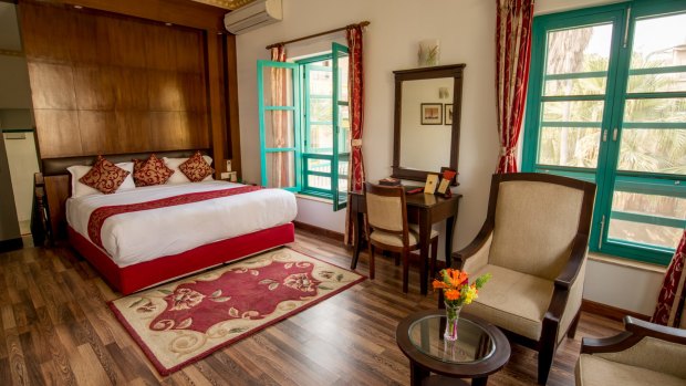 A deluxe room at the Kathmandu Guest House.
