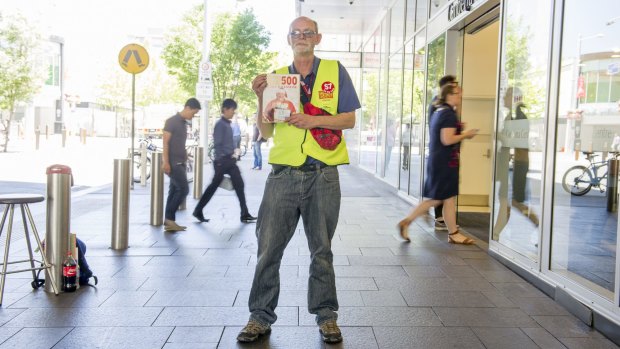 Peter sells The Big Issue street magazine at various locations including the busy pedestrian crossing at the Canberra Centre. He says hundreds of people might pass by before he sells a single copy.