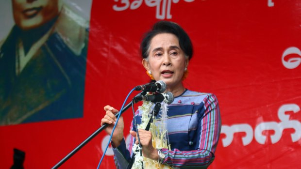 Myanmar opposition leader Aung San Suu Kyi speaks in Shan state, Myanmar, on Sunday.