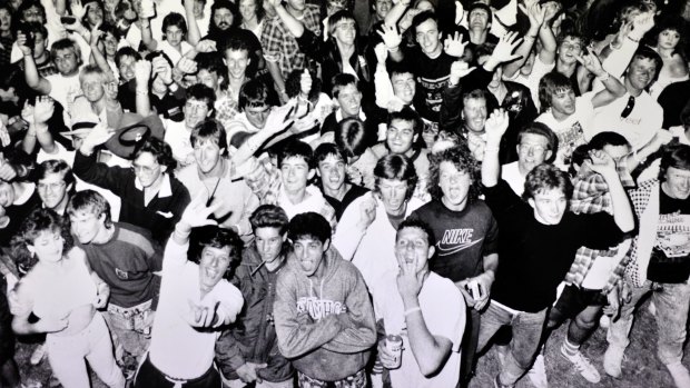The Summernats crowd cheer in not only the New Year but also entrants in a wet T-shirt competition in December 1988.