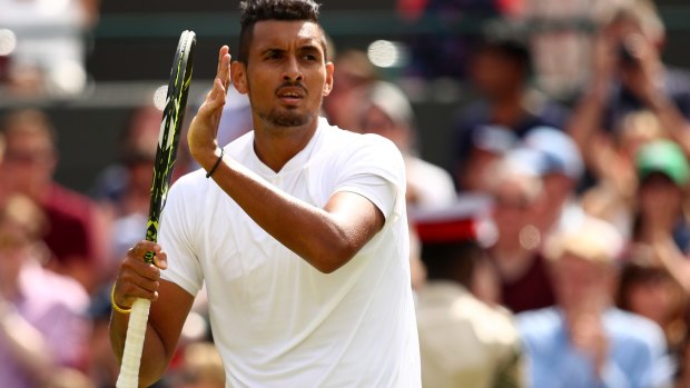 Nick Kyrgios celebrates his win after the third-round match against Feliciano Lopez, of Spain.