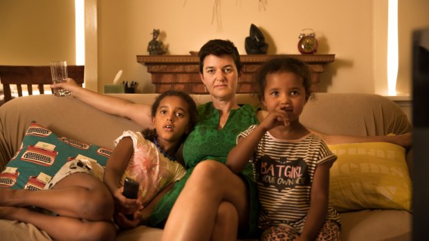Kylie Carville with her daughters Nimu and Ciku at their Coburg home. 