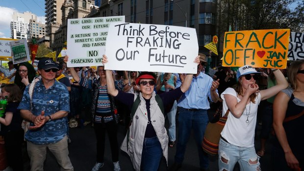 Protesters against fracking marched from the State Library to Parliament House in Melbourne.