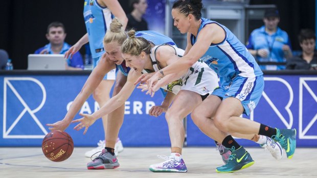 Canberra Capitals recruit Kathleen MacLeod - sandwiched by former Caps players Abby Bishop and Kristen Veal - is in doubt for the WNBL season.
