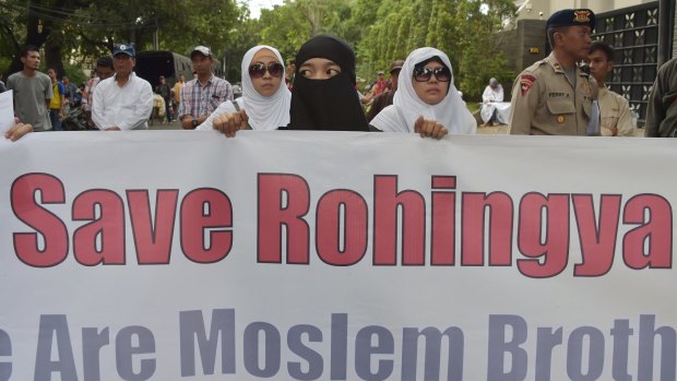 Indonesian Muslim protesters demand an end to the violence against Rohingyas.