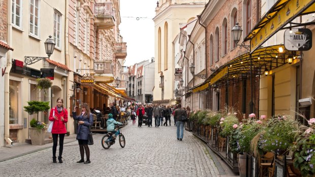 Didioji Street, the main street in the old town in Vilnius, the capital of Lithuania.