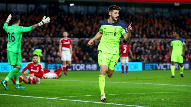 Liverpool's Adam Lallana celebrates a goal against Middlesbrough.
