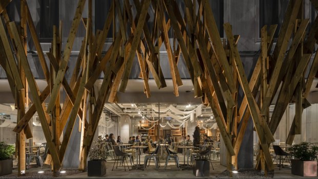 ONE@Tokyo's pick-up-sticks facade, a jumble of lumber bolted together to evoke a forest.