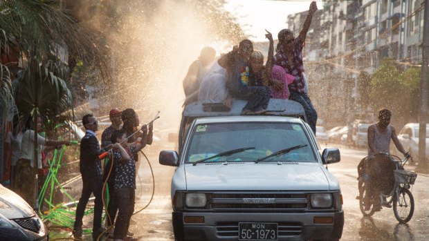 In Myanmar the revelry is unprecedented as the usually conservative country lets its hair down in a drenching to beat all drenchings.