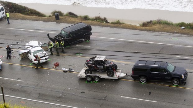 An aerial view of the scene of a car crash in Malibu involving Bruce Jenner.