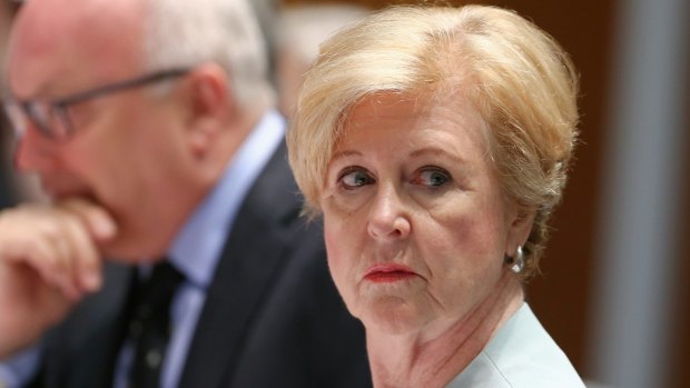 Attorney-General George Brandis and Australian Human Rights Commission president Professor Gillian Triggs during the estimates hearing on Tuesday.