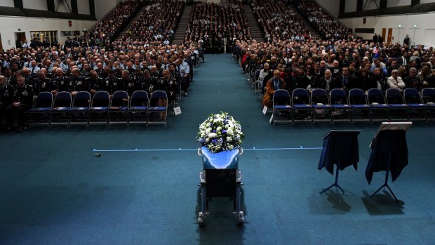 Senior Constable Forte's casket is seen during his funeral service in Toowoomba.