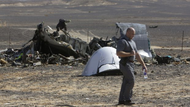 A Russian investigator near plane wreckage in Egypt last Sunday. 