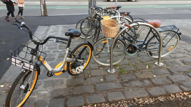 An oBike parked on Brunswick Street, Fitzroy.